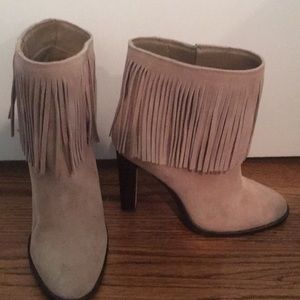 Tan suede fringe booties